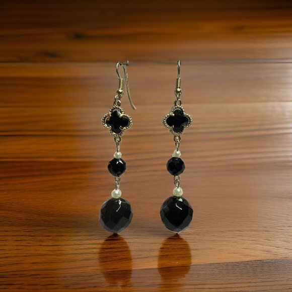 Earrings Black Obsidian Clover Dangle Jewelry Fashion Trending Gift Stainless - Picture 4 of 5
